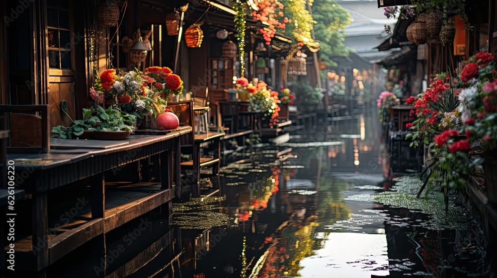 A tranquil Thai floating market at dawn, with vibrant boats laden with fruits and flowers, reflecting in the calm water.