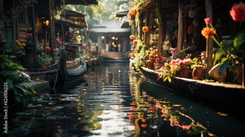 A tranquil Thai floating market at dawn, with vibrant boats laden with fruits and flowers, reflecting in the calm water. © blueringmedia