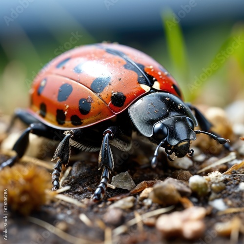 An intimate view of a ladybird on a blade of grass, its black spots standing out against the green. © blueringmedia