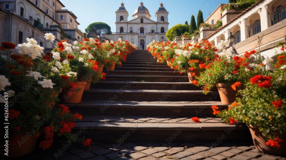 A vibrant view of the Spanish Steps in Rome, with flowers in full bloom and the TrinitÃ  dei Monti church in the backdrop.