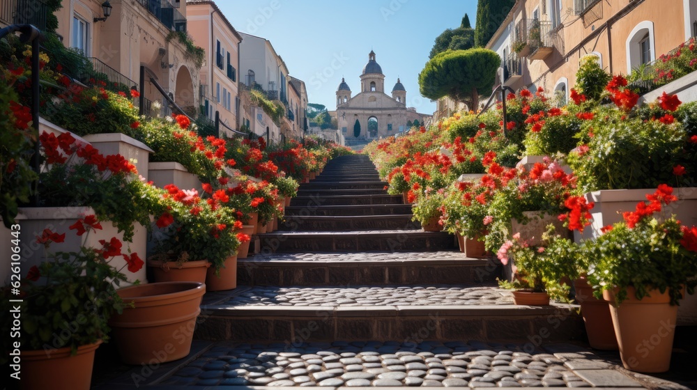 A vibrant view of the Spanish Steps in Rome, with flowers in full bloom and the TrinitÃ  dei Monti church in the backdrop.
