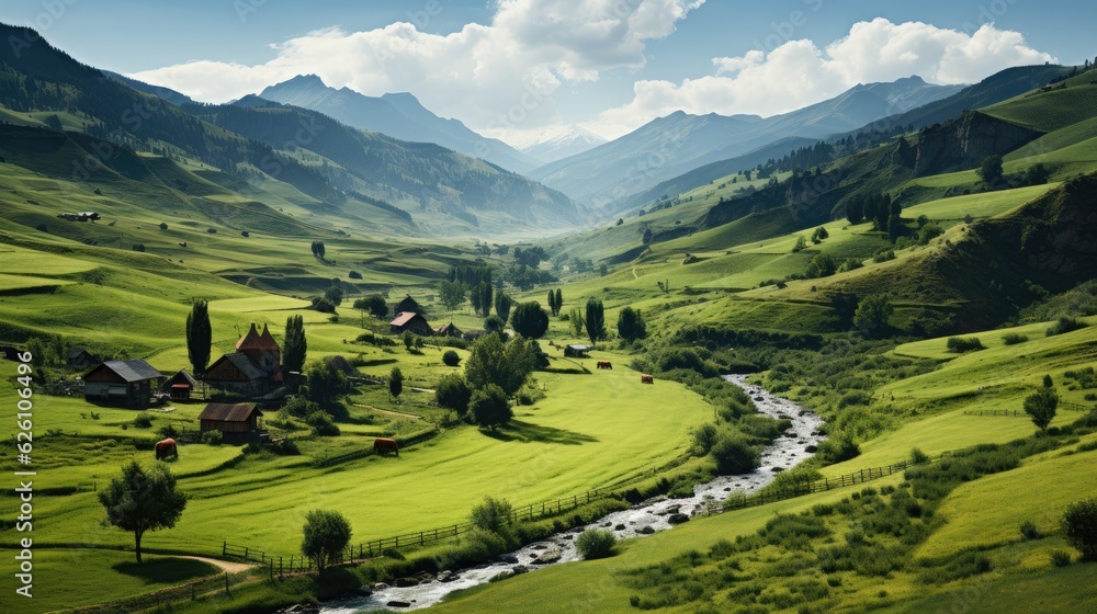 A rural landscape in Transylvania, Romania, with a fortified church surrounded by verdant fields and rolling hills.