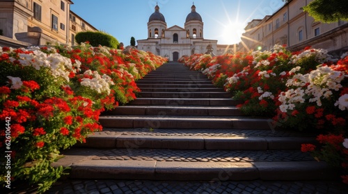 A vibrant view of the Spanish Steps in Rome, with flowers in full bloom and the TrinitÃ  dei Monti church in the backdrop. photo