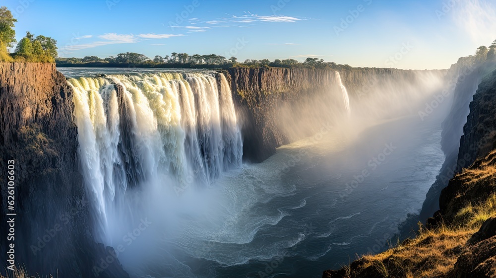 Fototapeta premium A panoramic view of the African Victoria Falls, the 'Smoke that Thunders', with rainbows spanning across the roaring waters.