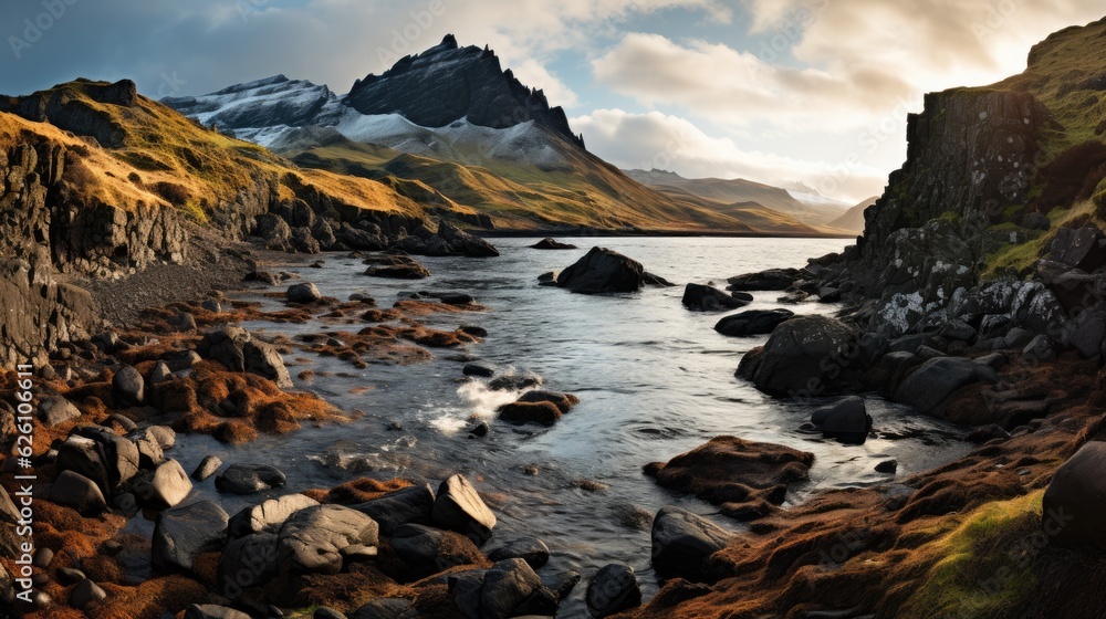 A panoramic view of the Scottish Isle of Skye, featuring rugged cliffs, serene lochs, and the Old Man of Storr in the distance.