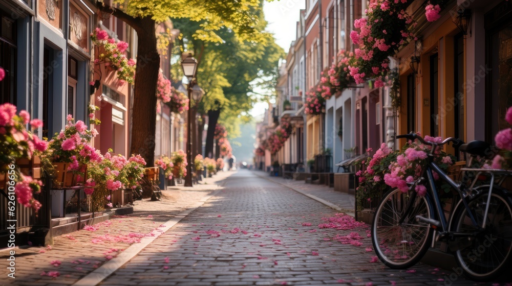 A cobbled street in an old European town, lined with cafes, flower stalls, and bicycles leaning against pastel-colored buildings.