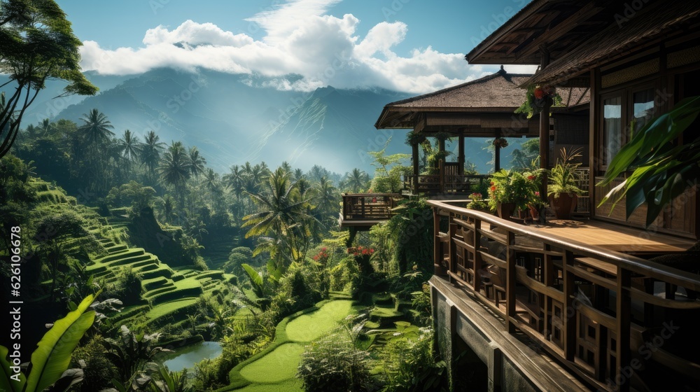 The mesmerizingly green rice fields in Bali, terraced on steep slopes and surrounded by palm trees.