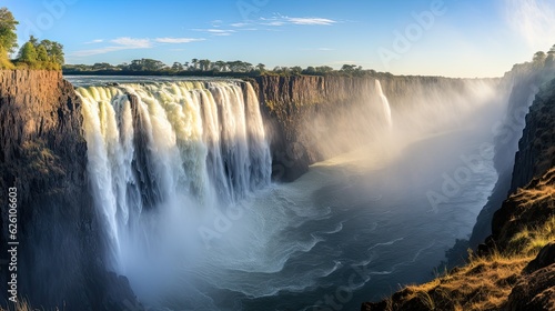 A panoramic view of the African Victoria Falls, the 'Smoke that Thunders', with rainbows spanning across the roaring waters.