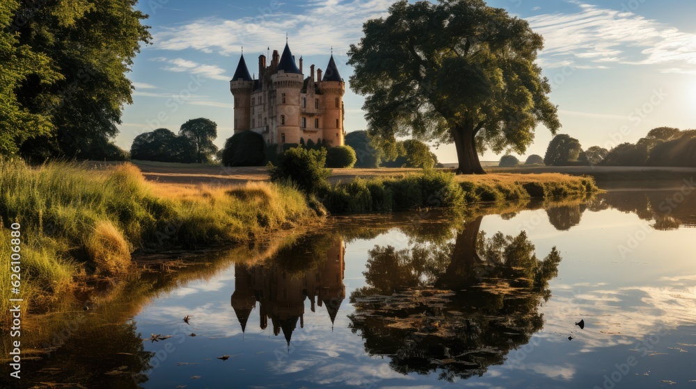 An idyllic scene of the French countryside in the Loire Valley, with a stately chÃ¢teau surrounded by a moat.