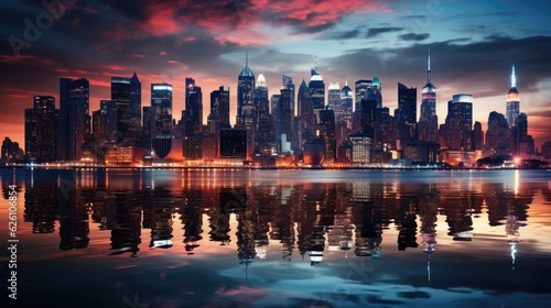 The famous skyline of New York City at sunset, with the lights of skyscrapers reflecting off the Hudson River.