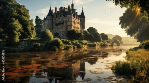 An idyllic scene of the French countryside in the Loire Valley, with a stately chÃ¢teau surrounded by a moat. photo