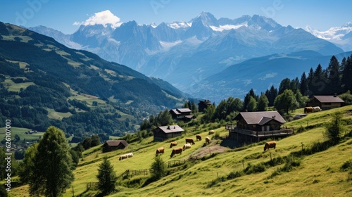 The Swiss countryside in summer, featuring verdant pastures, charming chalets, and majestic mountains in the distance. © blueringmedia