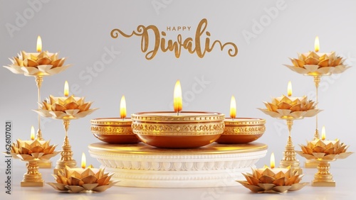 3D rendering for diwali festival Diwali, Deepavali or Dipavali the festival of lights india with gold diya on podium, patterned and crystals on color Background.