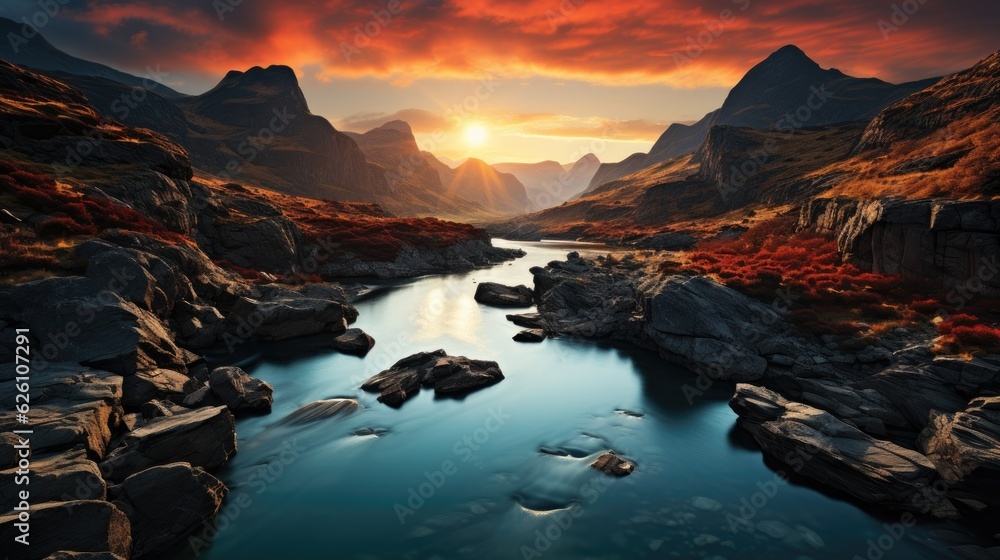 A Nordic fjord at sunrise, its calm waters reflecting steep cliffs and a colorful sky. A Nordic fjord at sunrise, its calm waters reflecting steep cliffs and a colorful sky.