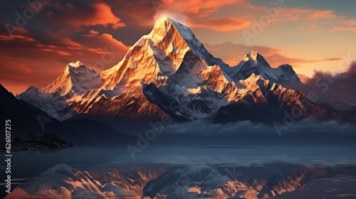 An enchanting view of the Indian Himalayas, their snowy peaks bathed in the soft glow of the rising sun.