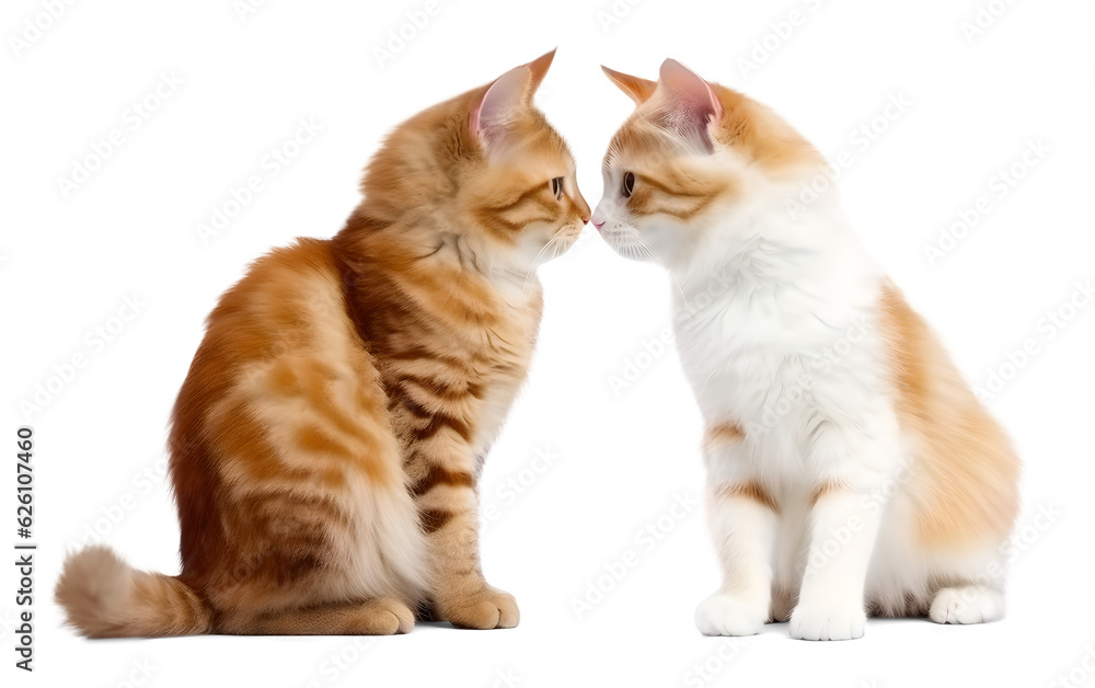 two cute cat couple in love about to kiss, isolated background. Generative AI