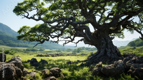 An ancient gnarled oak tree in a green meadow, its mighty branches spread wide, providing shelter and shade.