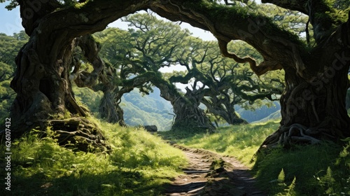 An ancient gnarled oak tree in a green meadow, its mighty branches spread wide, providing shelter and shade. © blueringmedia