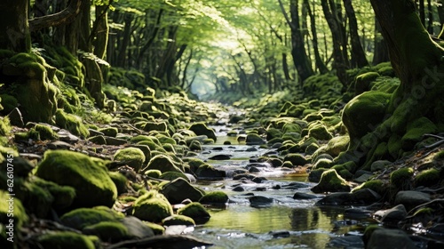 A serene woodland stream, babbling over moss-covered stones and disappearing into a canopy of verdant green. © blueringmedia