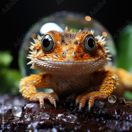 A detailed examination of a gecko clinging to a rainforest terrarium's glass, showing the fascinating structure of its foot pads, a world in miniature reflected in its eye.