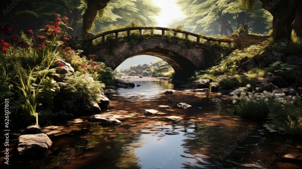 A picturesque stone bridge arching over a gently flowing stream, surrounded by a riot of wildflowers.