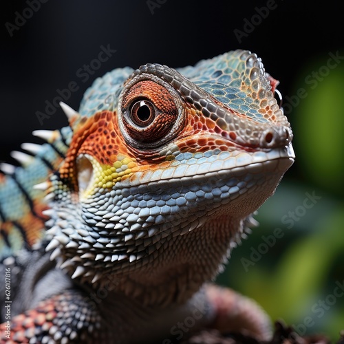 A macro look at a chameleon in a terrarium  its skin changing color to blend in with its surroundings.