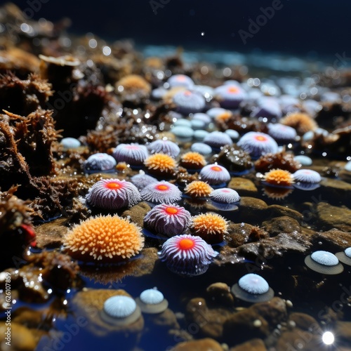 A detailed examination of a vibrant rock pool, populated by darting neon-colored fish, while star-shaped limpets cling to the damp rocks. photo