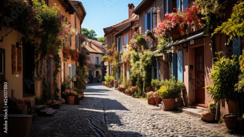 A narrow cobbled lane winding through a quaint, unidentified European village, with rustic houses adorned with window boxes overflowing with blooms. © blueringmedia