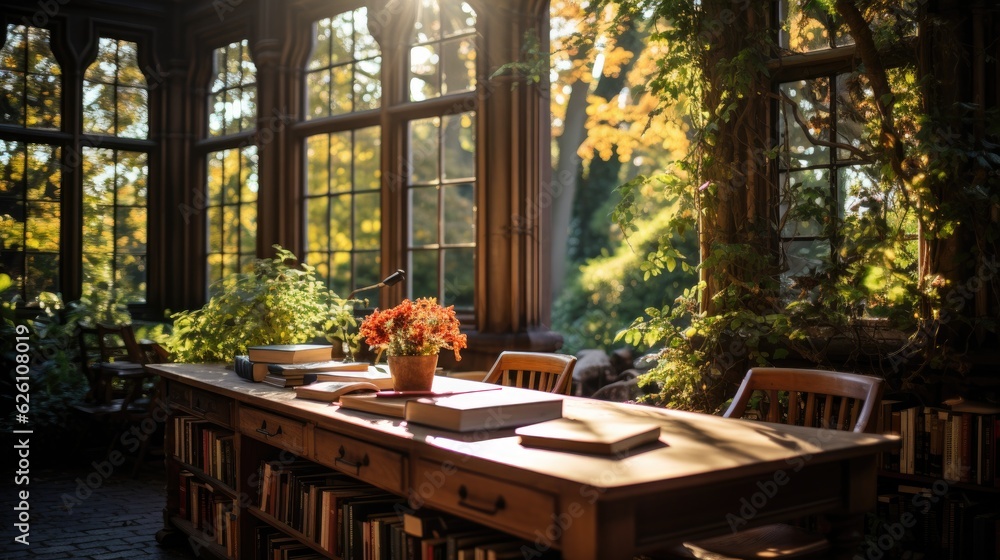 A quiet library with towering bookshelves, filled with the scent of old books, and a tall window casting warm sunlight onto a comfortable reading chair.