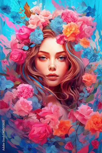 Portrait of a beautiful woman with flowers. Spring, flowers, nature. AI generative, illustration © hiddencatch