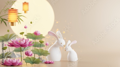 3D rendering for mid autumn festival holiday or chinese new year, chinese festivals with,lanterns, flower, moon, rabbit ,mooncake,tea pot and asian elements on background.