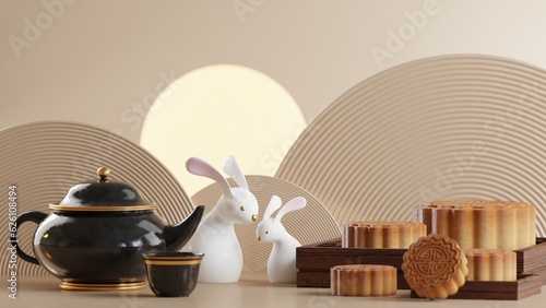 3D rendering for mid autumn festival holiday or chinese new year, chinese festivals with,lanterns, flower, moon, rabbit ,mooncake,tea pot and asian elements on background.