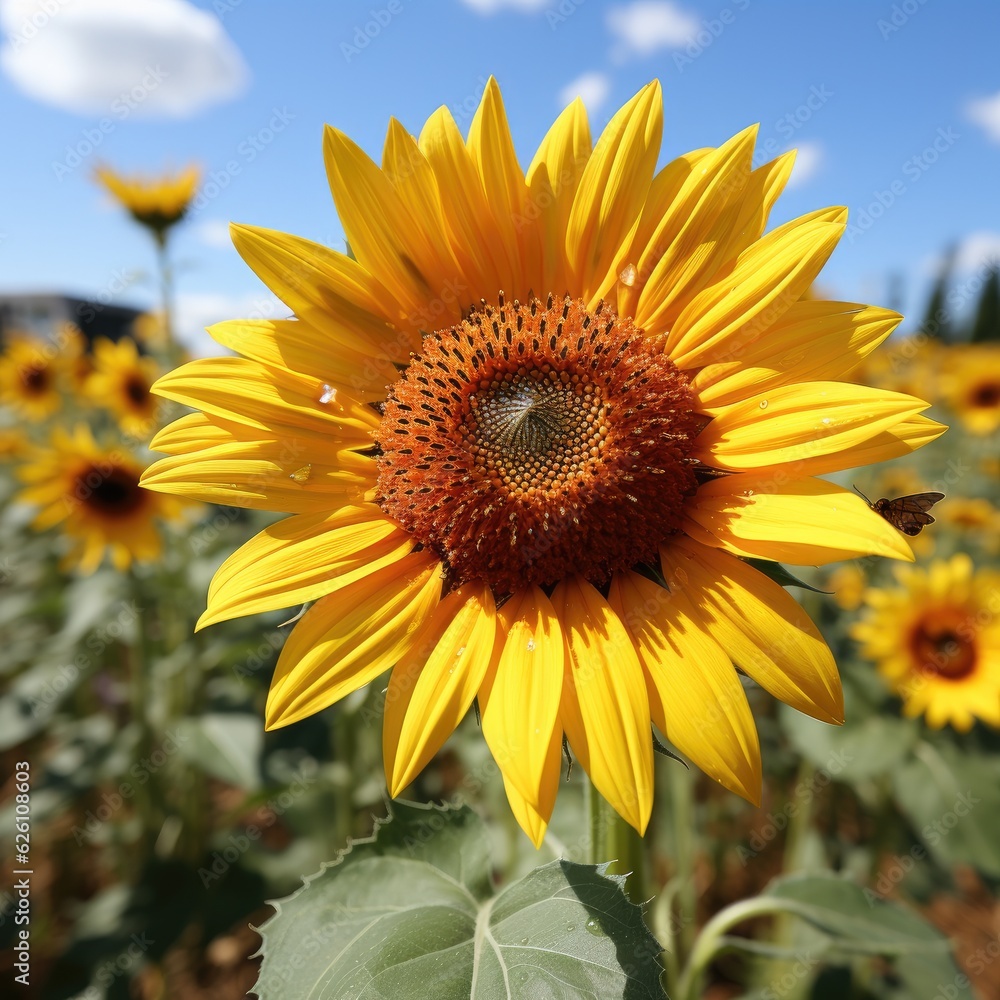 Obraz premium A close-up view of a robust sunflower, with a ladybird navigating the intricate maze of the seed head, flanked by buzzing honeybees collecting pollen.