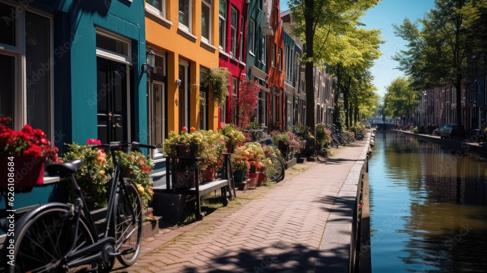 A charming street in Amsterdam with a row of colorful houses, their reflections dancing on the calm canal, and bicycles parked on the bridge.