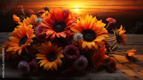 A vast sunflower field at dusk, under a dramatic sky painted with hues of orange and red.