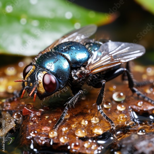 A close-up view of a fly on a leaf, its compound eyes reflecting the world in a myriad of tiny images. © blueringmedia