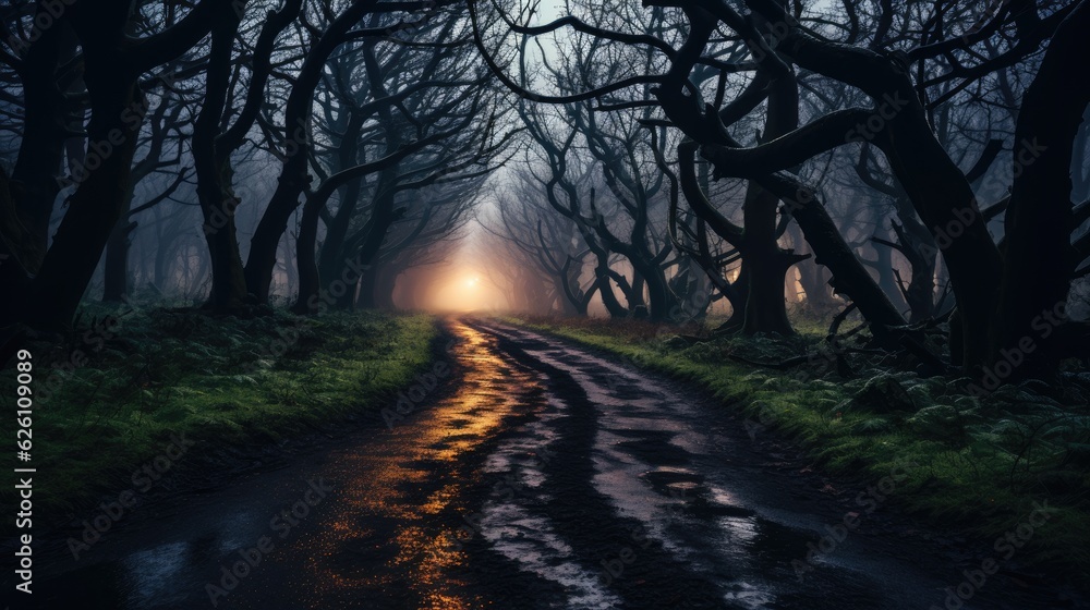 Obraz premium A dark, mysterious forest path leading to a glowing fairy ring under a full moon, and the sound of a distant owl echoing.