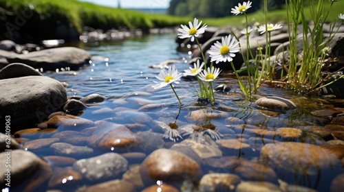 A lush  green meadow dotted with white daisies  bisected by a clear brook babbling over smooth stones.