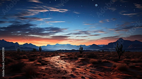 A serene, moonlit desert scene with a single, twisted cactus silhouetted against the star-studded sky.