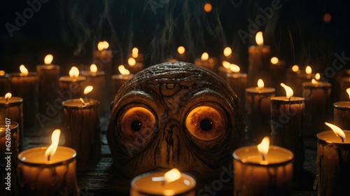 Eerie candlelight flickers through the carved eyes, Halloween concept. Generative AI © Kanisorn