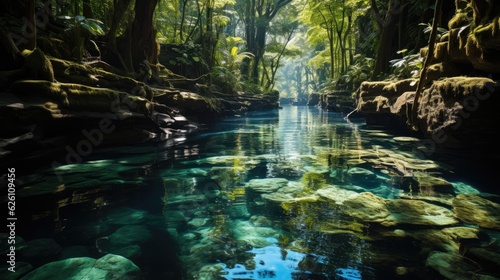 A shimmering  tropical lagoon hidden in dense jungle  with crystal-clear water cascading over rocks into a tranquil pool.