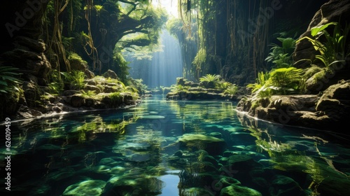 A shimmering, tropical lagoon hidden in dense jungle, with crystal-clear water cascading over rocks into a tranquil pool.
