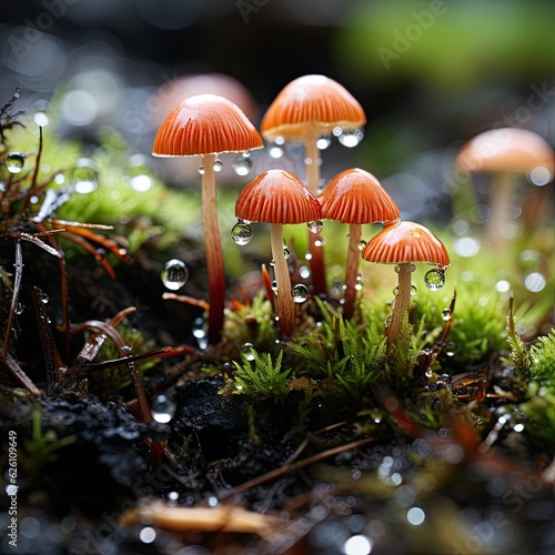 A zoomed-in view of a patch of moss on a forest floor  revealing a miniature world of spore capsules  tiny insects  and delicate dew drops.
