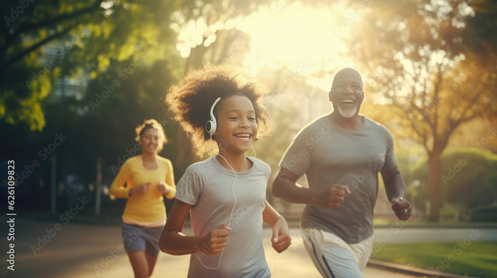 happy family jogging together in the morning sunrise