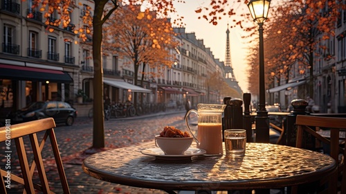 Fototapeta Naklejka Na Ścianę i Meble -  An atmospheric cafe in Paris, with a view of the Eiffel Tower, cobblestone streets, and people enjoying coffee and croissants.