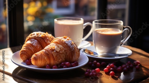 Fototapeta Naklejka Na Ścianę i Meble -  An atmospheric cafe in Paris, with a view of the Eiffel Tower, cobblestone streets, and people enjoying coffee and croissants.