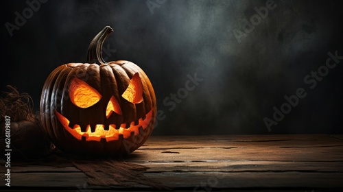 Mysterious Jack-o'-Lantern casts haunting shadows. Halloween concept.