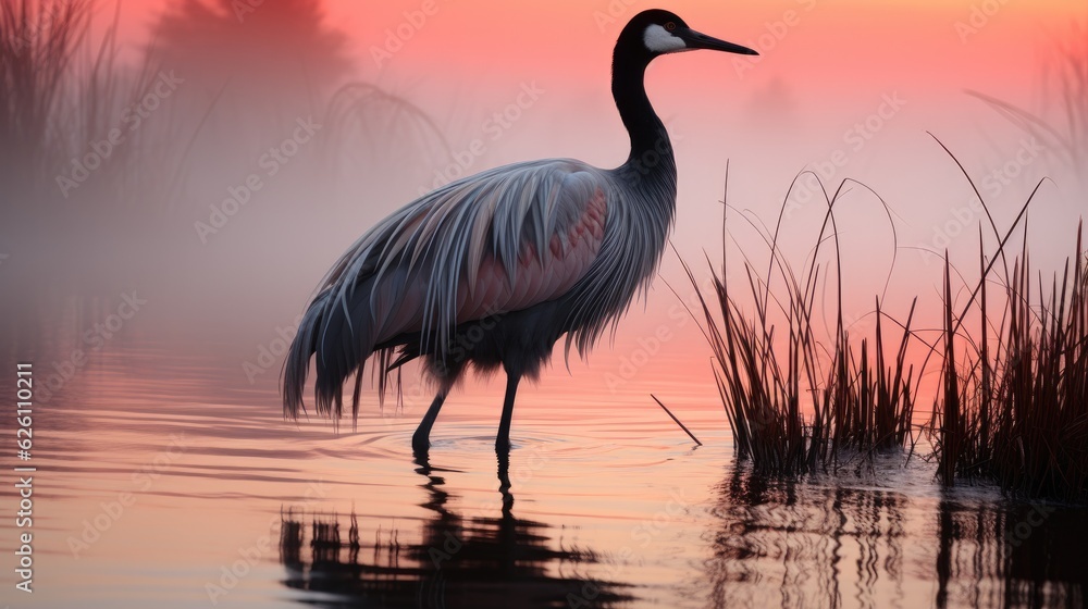 Fototapeta premium A tranquil, misty marsh at dawn, with tall reeds silhouetted against a pale pink sky and a lone heron poised to strike.
