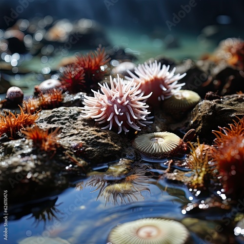 A detailed look at a rock pool at low tide, teeming with life, a starfish slowly moving, and seaweed swaying with the waves.