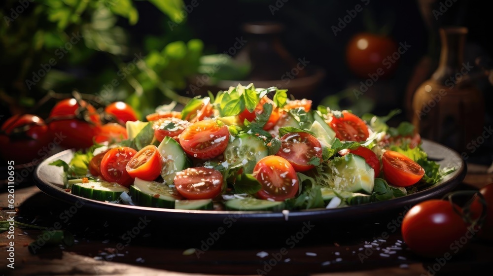 salad full of vegetables, fruit and pieces of boiled egg on a blur background salad full of vegetables, fruit and pieces of boiled egg on a blur background